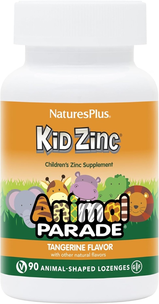 Natures Plus Animal Parade KidZinc, Tangerine Flavor - 90 Djurformade Lozenges, Pack of 2 - Organiskt fuktad Zink - Vegan, Gluten Free - 180 Totalt portioner