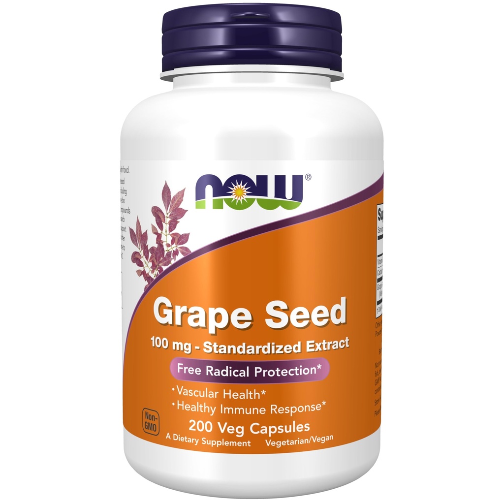 NOW Foods Supplements, Grape Seed 100 mg - Standardiserat extrakt, högt koncentrerat extrakt med ett minimum av 90% polyfenoler, med vitamin C, 200 Veg kapslar