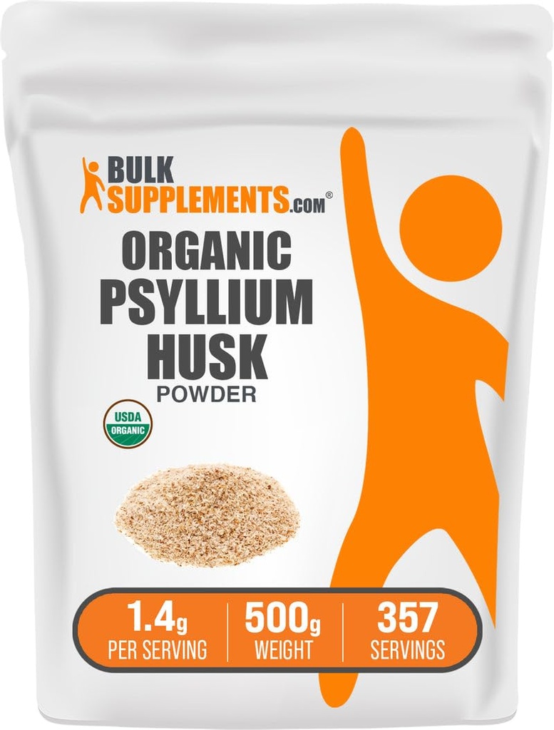BulkSupplements.com Organic Psyllium Husk Powder - Psyllium Husk Powder för Baking, Fiber Supplement - Gluten Free, 1,4g per Servering, 500g (1.1 lbs) (Pack av 1)