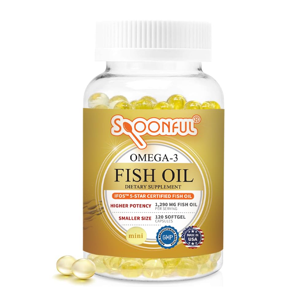 Spoonful Mini Omega 3 Fiskolja, iFOS Certified, 1290 mg Per Servering, 120 Softgels Pearls, Small Size Easy to Swallow Capsules, Made in USA