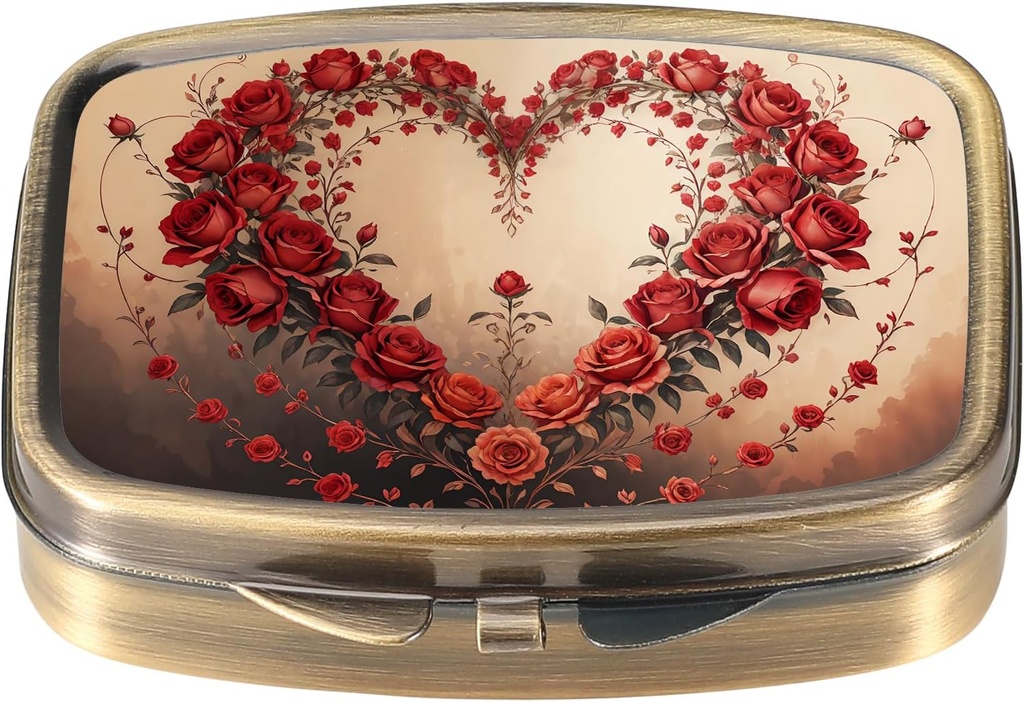 Dynippy Pill Case Pill Box med Mirror Retro Pocket 2 Compartment Medicine Case Vitamin Pill Organizer för Pocket Purse and Travel (Retro-Rose Heart Wreath)