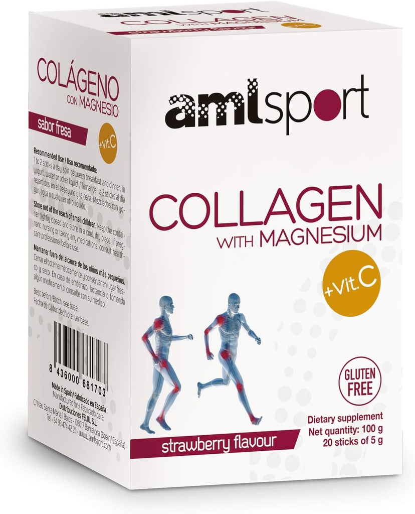 AML Sport - Kollagen med magnesium med vitamin C Sticks - Strawberry smak - Travel Pack -20 Sticks. Hydrolized Collagen. Dairy, Gluten och Sugar Free.