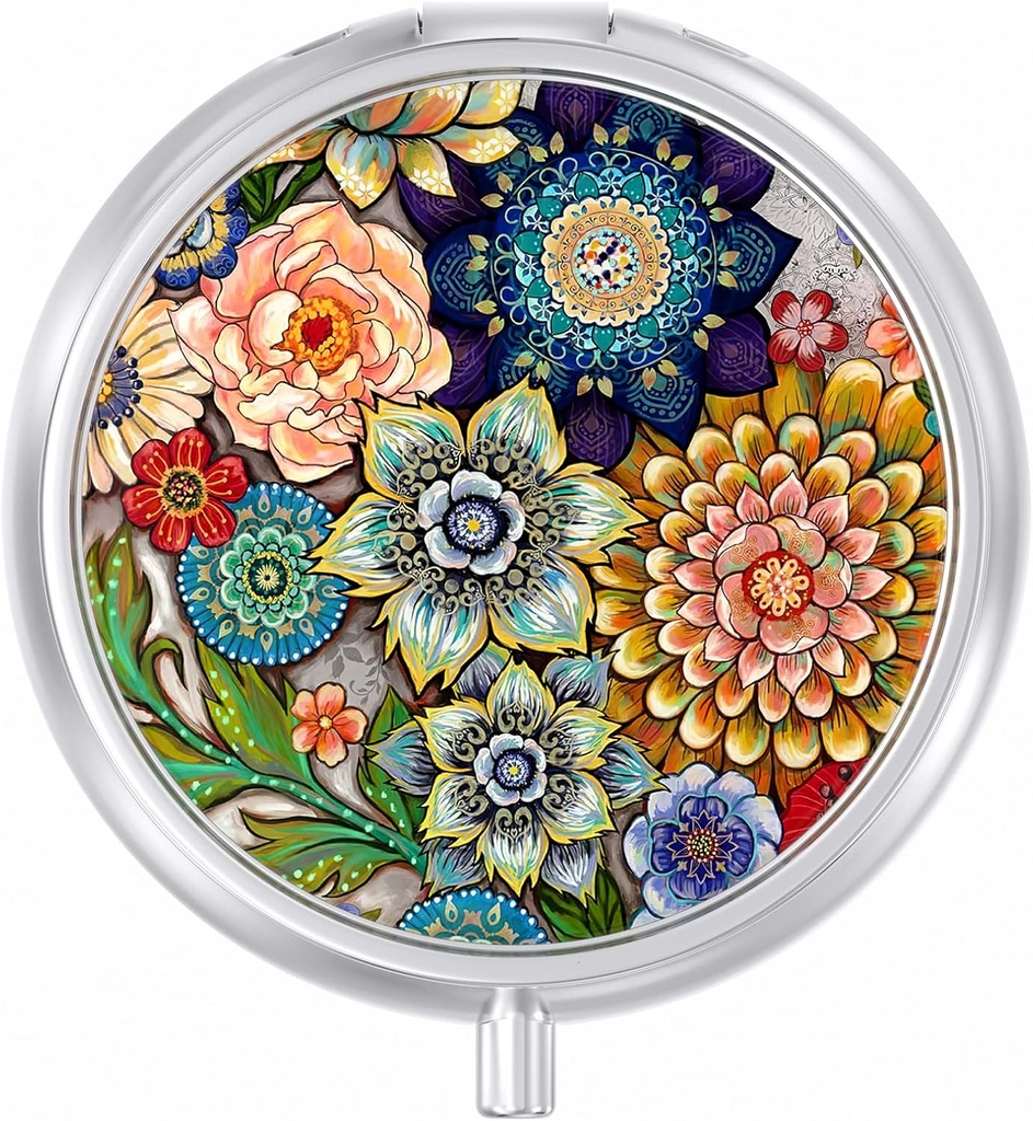 Pill Case, Cute Travel Pill Box for Purse, Moisture Proof Small Medicine Holder, Portable Pocket Medicine Organizer Dispenser för att hålla vitaminer, Cod Liver Oil, Supplements, Mandala Flower