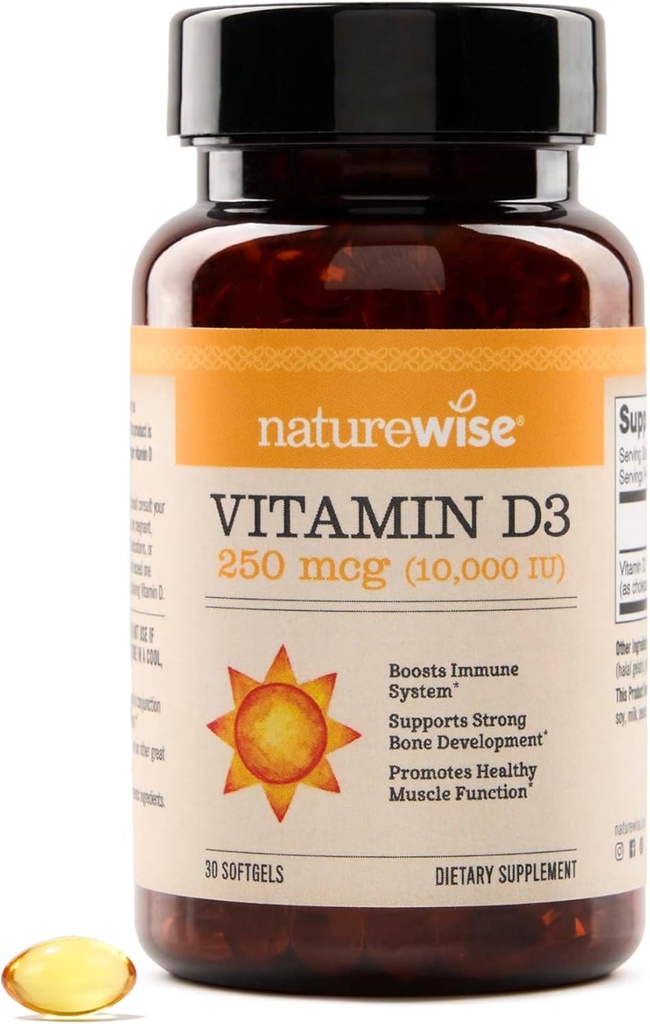 NatureWise Vitamin D3 10.000IU (250 mcg) 30-dagars leverans - Hög styrka för hälsosam immunstöd och muskelfunktion, icke-GMO, glutenfri i organisk extra jungfruolja, (Mini Softgel), 30 greve