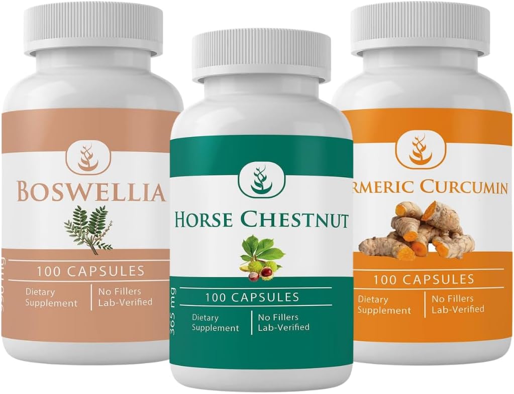 PURE ORIGINAL INGREDIENTS Horse Chestnut, Boswellia och Turmeric Capsule Bundle, 100 kapslar varje, alltid ren, inga tillsatser eller fillers
