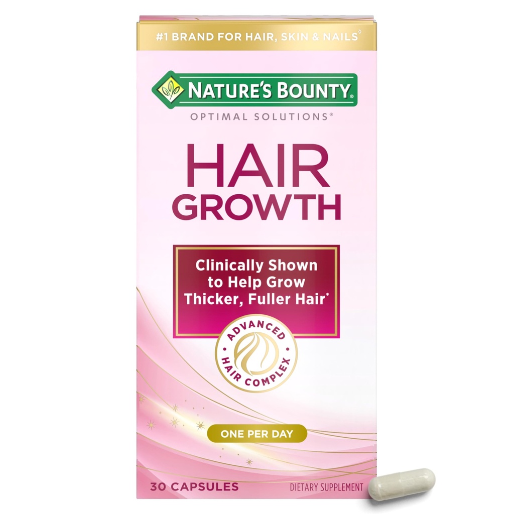 Naturens Bounty Optimal Solutions Hair Growth Supplement med Biotin, Hair Growth Vitamins med Biotin Silicon & Arginine, 1 Per Day, 30 kapslar, en månads leverans