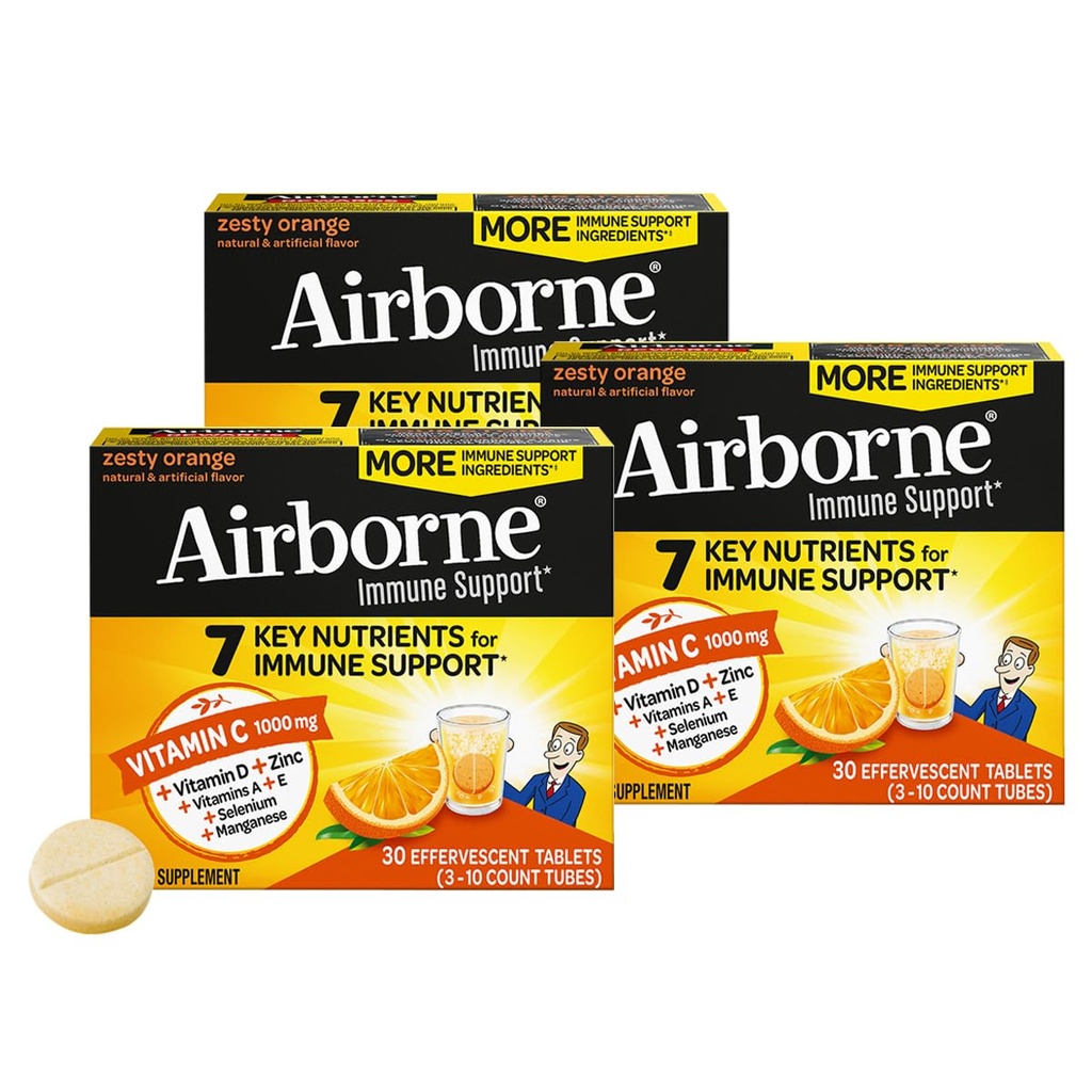 Airborne 1000mg Vitamin C + Zink Sugar Free Multivitamin Immune Support Effervescent Fizzy Drink tabletter, Zesty Orange smak med kraftfulla antioxidanter vitaminer A C & E, 30 tabletter (3 Pack)