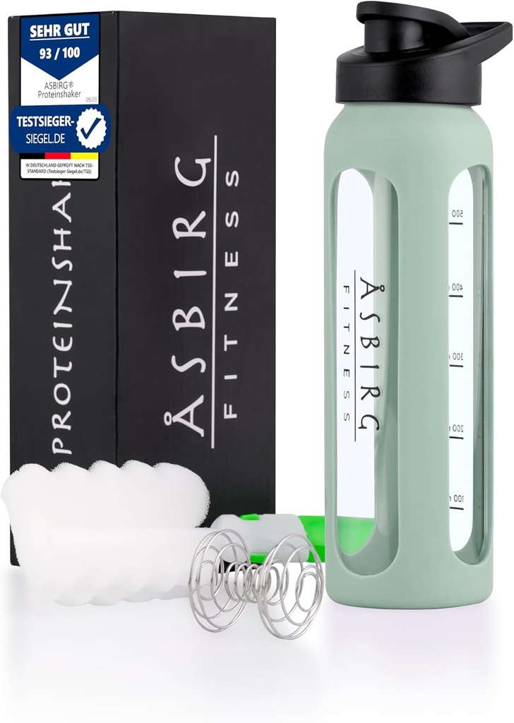 Fitness | 24 oz Glass Protein Shaker Bottle - BPA-Free, Leakproof Lid, Stainless Steel Mixing Ball & Silicone Sleeve - Gym Shaker för Smoothies, Shakes & Pre-Workout - Pastel Green