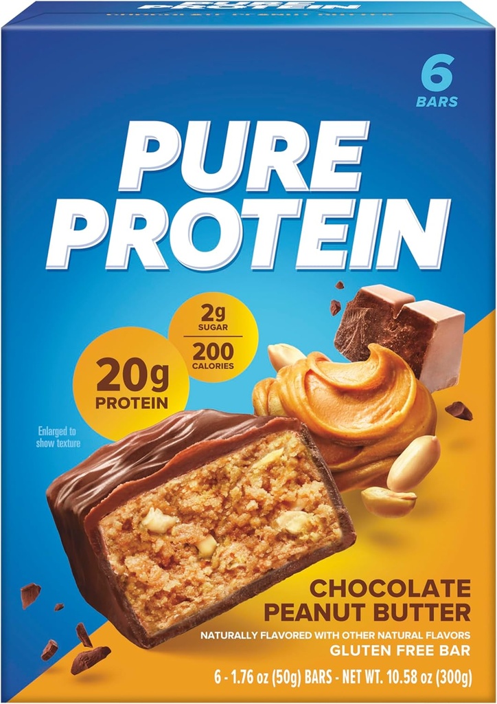 Rena proteinbarer, hög protein, näringsrika snacks för att stödja energi, låg socker, glutenfri, choklad jordnötssmör, 1,76 Oz (Pack of 6)