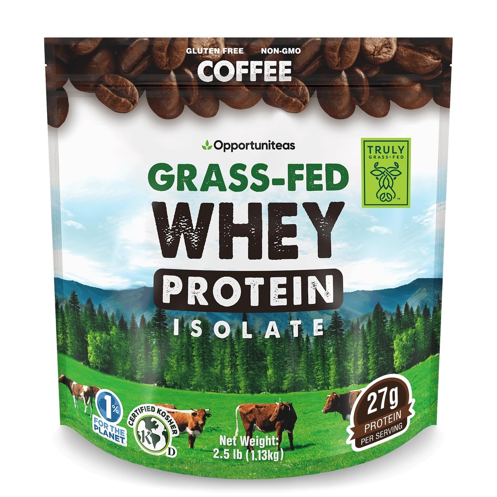 Opportuniteas Grass Fed Coffee Whey Protein Isolate Powder - 27g Protein Pulver utan artificiella sötningsmedel, Hormon-Free Cows, Non GMO - 2.5lb
