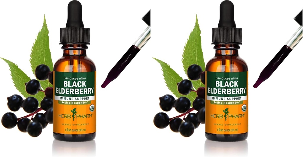 Herb Pharm Certified Organic Black Elderberry Liquid Extract för Immune System Support, Organic Cane Alcohol, 1 Oz (Pack av 2)