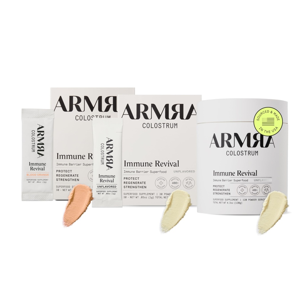 ARMRA ColostrumTM Premium Powder, Grass Fed, Gut Health Bloating Immunity Skin & Hair, Innehåller 400 + Bioaktiva näringsämnen, Keto, Gluten & Fettfri (Blod Orange, Unflavored Bundle | 180 portioner)