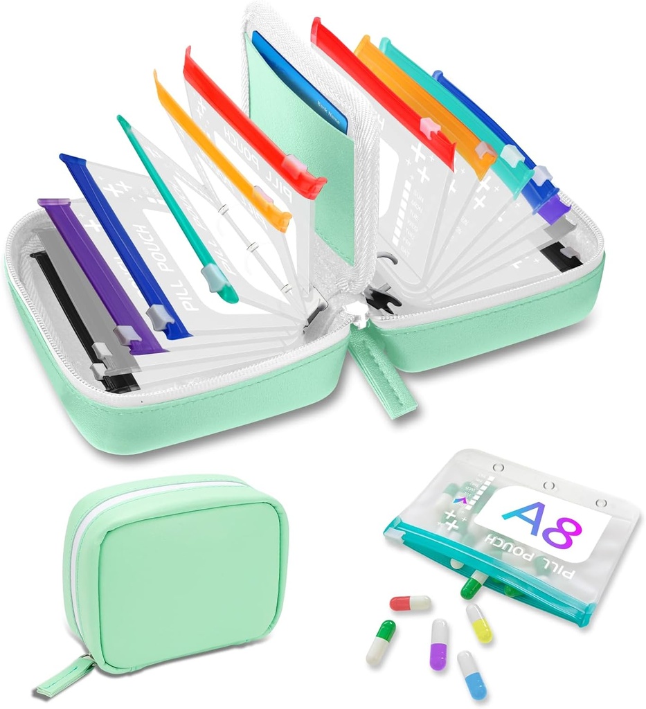 A8 Vattentät Pill Organizer Set, Twice-Daily Large Pill Organizer för sju dagar, Pill Storage med 14 Color-Coded Pouches, Återanvändbar Travel Medicine Organizer