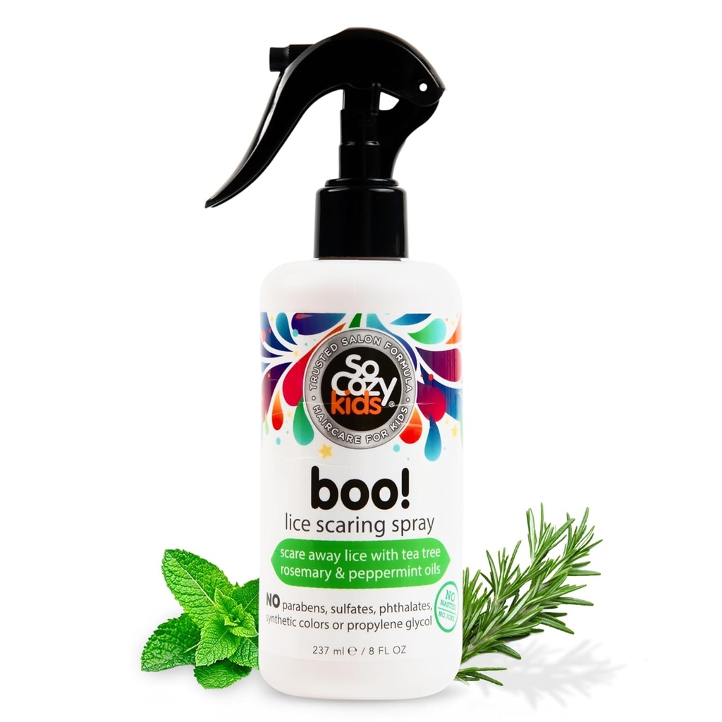 SoCozy Boo Lice Scaring Spray för barn hår, effektiv lössbehandling (8 Fl Oz) Kliniskt bevisad för Repel Lice, Conditioning Spray med Tea Tree Oil, Rosemary Oil & Keratin, Paraben & Sulfate Free