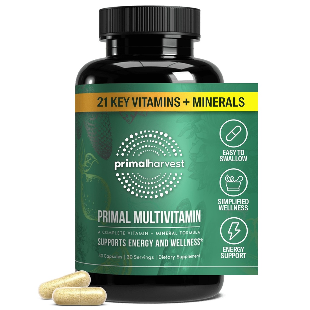 Primal Harvest Primal Multivitamin - Daglig multi-Vitamin Supplement med 21 väsentliga vitaminer och mineraler för kvinnor och män - Vitamin A, C, D, E, B12, B6, Biotin, Folic Acid, Zink, Copper & Selenium