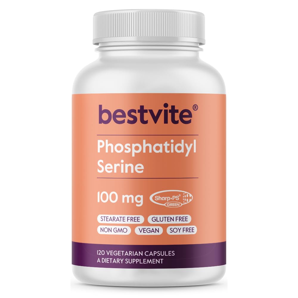 BESTVITE Phosphatidylserine 100mg per kapsel (120 vegetariska kapslar) med Sharp-PS® Green - Patented and Clinically Tested - Stearate Free - Soy Free - Gluten Free - Vegan - Non GMO