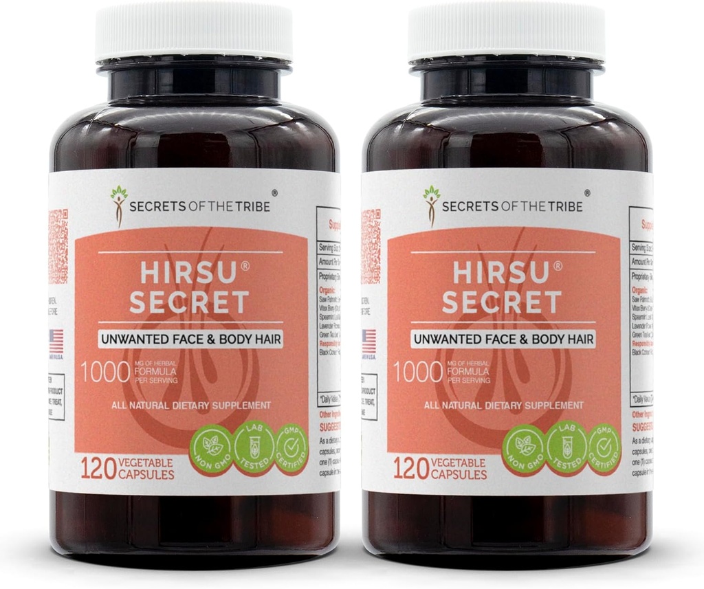 Hirsu Secret 120 kapslar (2 pcs.), 1000 mg, Saw Palmetto, Black Cohosh, Vitex, Spearmint, Lavender, Green Tea. Oönskade ansikte och kroppshår (2x120 kapslar)