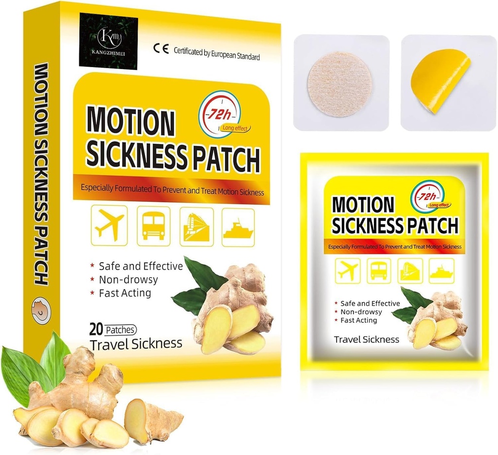 Motion Sickness Patches för kryssning, Non Drowsy Sea Sickness Patches för båt, bil och flygplan, vattentät bil Motion Sickness Patch med ingefära extrakt för resor, 20 greve
