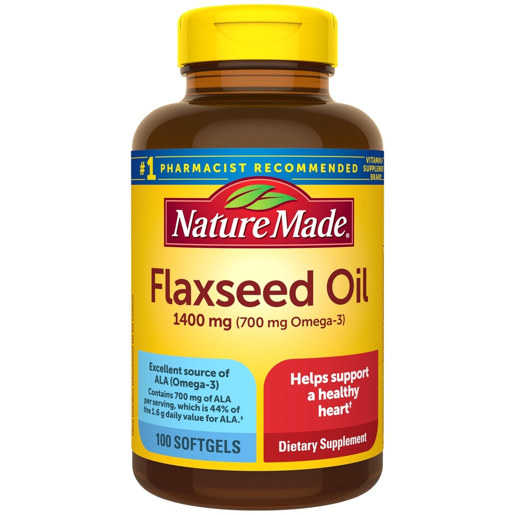 Nature Made Extra Strength Flaxseed Oil 1400 mg, Fish Free Omega 3 Supplement, Kosttillskott för hjärthälsostöd, 100 Softgels, 100 Day Supply