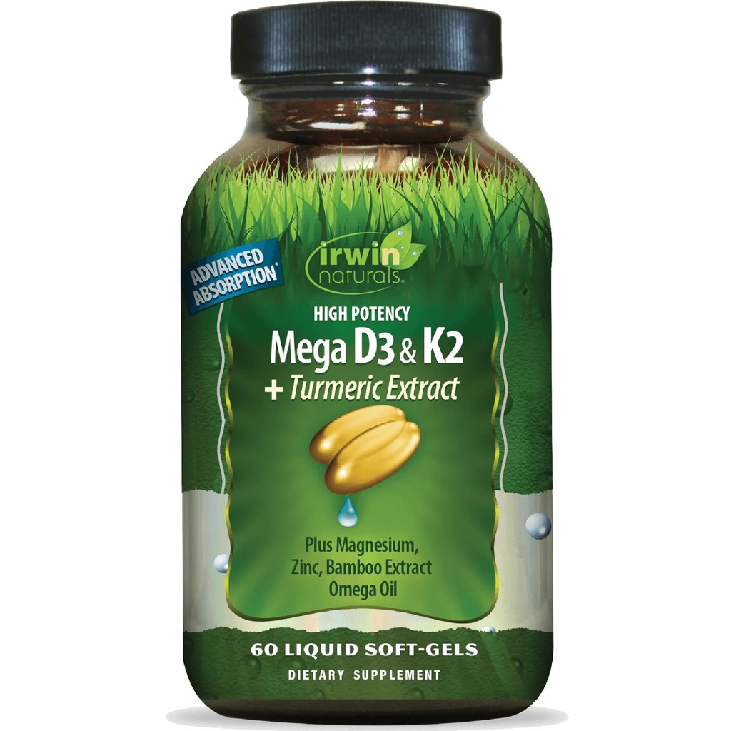 Irwin Naturals High Potency Mega D3 & K2 + Turmeric Extract - 60 Liquid Softgels - Hälsosamma ben & immunfunktion