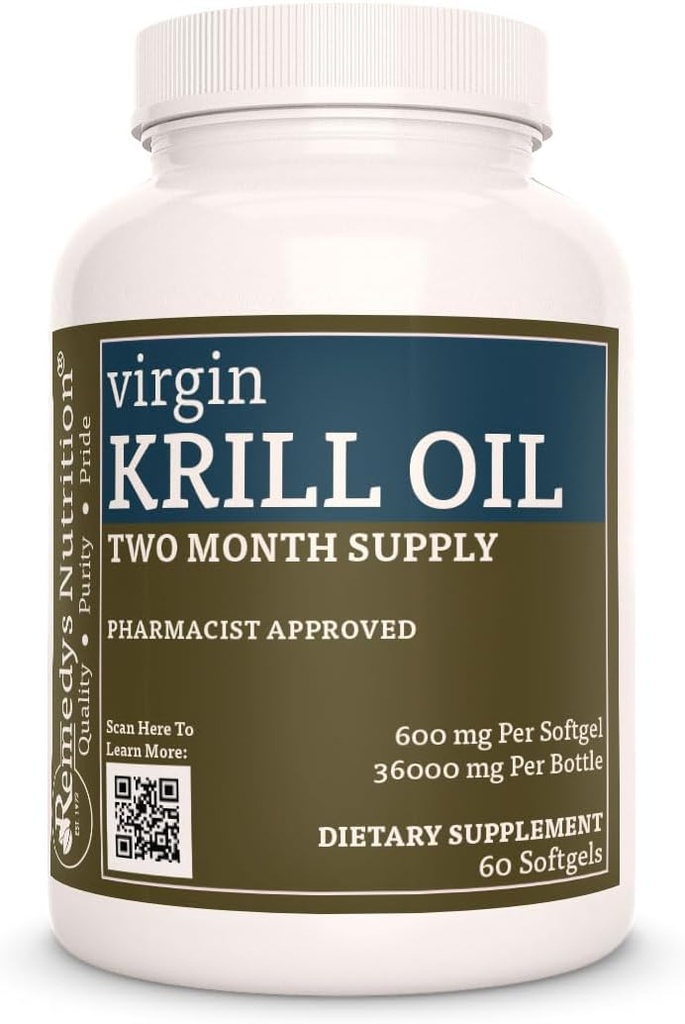 Remedy's Nutrition Virgin Krill Oil (Omega-3 Fatty Acids: EPA & DHA) | 600 mg, 60 Softgels Dietary Supplement | Två månaders leverans