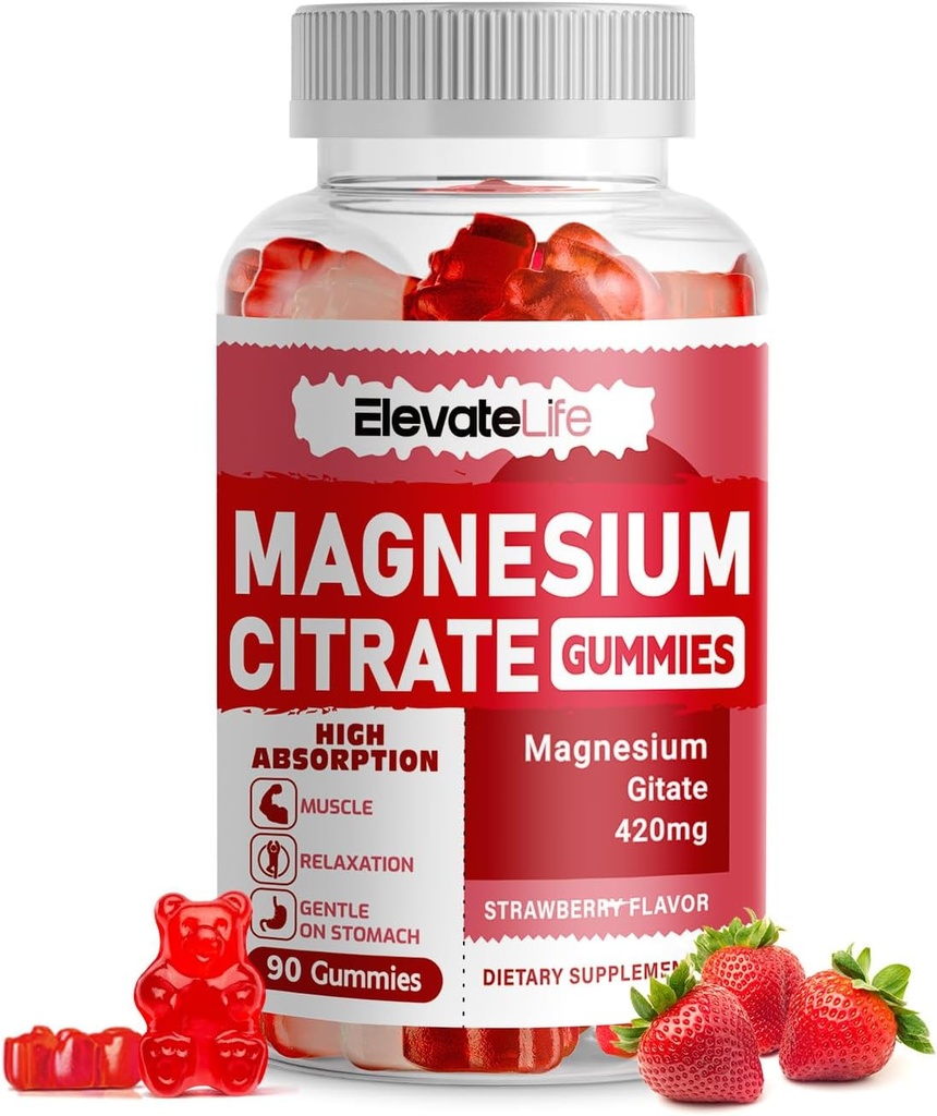 Magnesiumcitrat Gummies 420mg per portion - 90 Vegan Gummies - främjar hälsosam avkoppling, muskel, ben och energistöd (90 jordgummies)