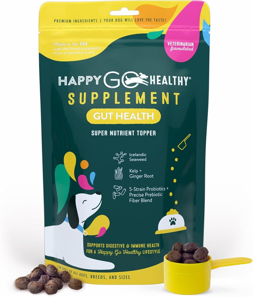 Dog Gut Health Probiotics Supplement | Improves Digestive Health and Immune System Support for Dogs and Puppies | All Natural Ingredients Tasty Kibble Dog Food Topper | 60 Count Pack