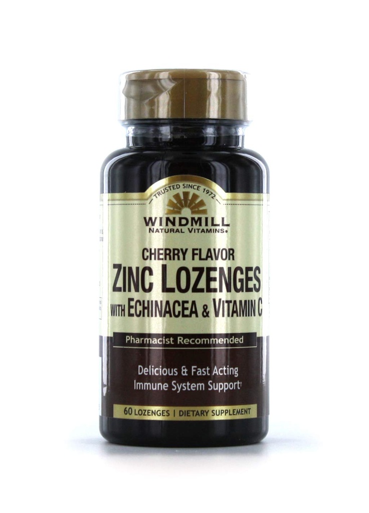 Windmill Vitamins Zink Lozenges med Echinacea & Vitamin C - Cherry Flavor, 60 Lozenges, 60 Servings, 60 Count