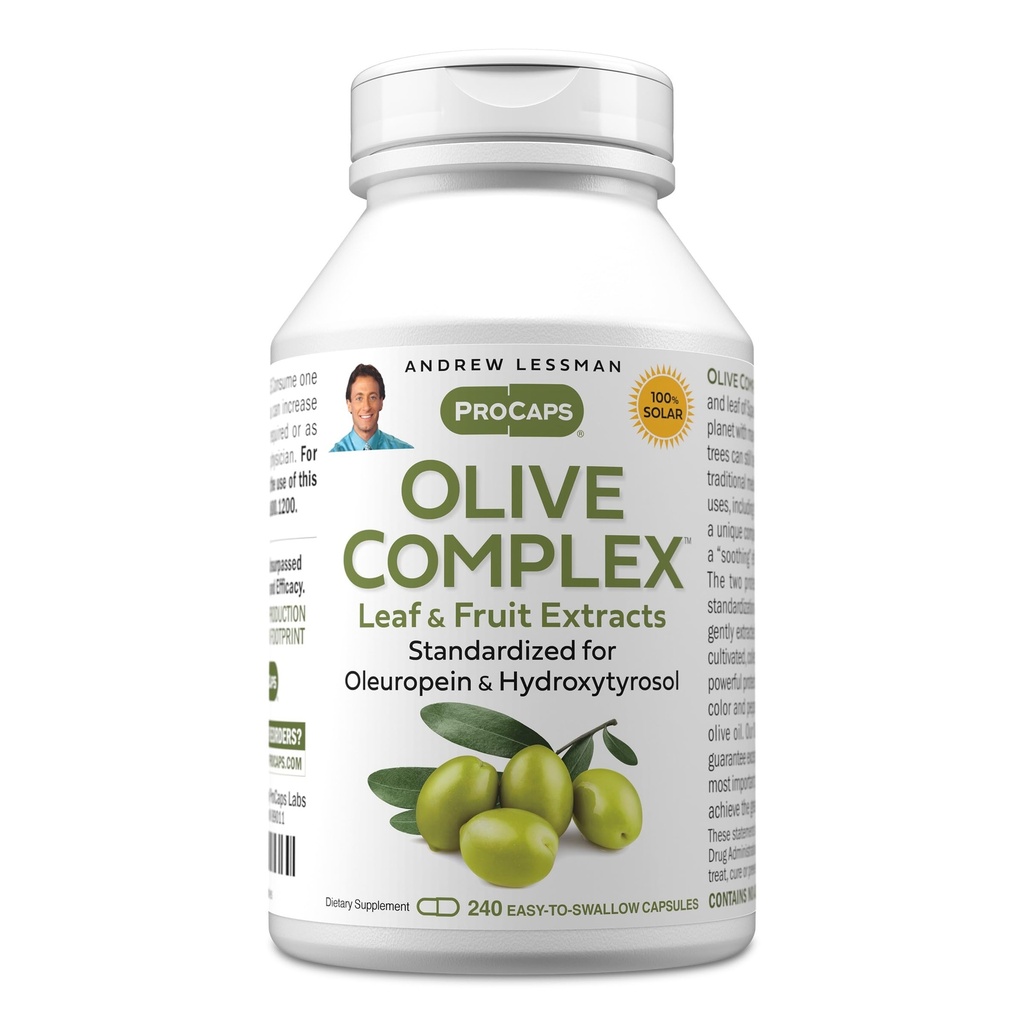 ANDREW LESSMAN Olive Complex - 240 kapslar - Leaf och Fruit Extracts. Standardiserad för Oleuropein och Hydroxytyrosol för att stödja hjärt- och immunhälsa. Liten lätt att svälja kapslar