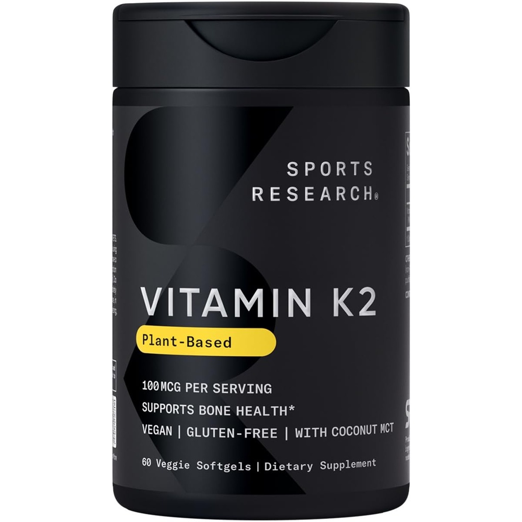Sports Research® Vitamin K2 som MK-7 100mcg med Coconut MCT Oil - 60 Veggie Softgels (2 Månadsförsörjning) Vegan Certified, Non-GMO Verified, Gluten & Soy Free