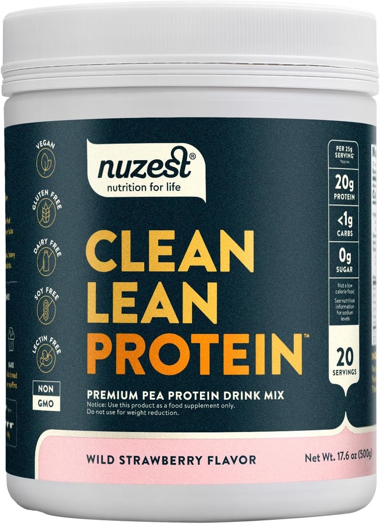 Nuzest - Pea Protein Powder - Clean Lean Protein, Premium Vegan Plant Based Protein Powder, Dairy Free, Gluten Free, GMO Free, Protein Shake (1.1 Pound (Pack of 1), Wild Strawberry)