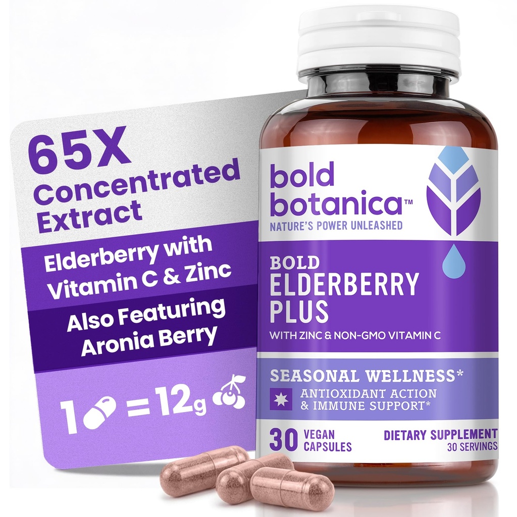Bold Botanica Elderberry Plus - 65x Concentrated Black Elderberry Extract med Zink & Vitamin C för Daily Immune Support & Seasonal Wellness - Non-GMO, 30 Vegan Capsules