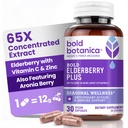 Bold Botanica Elderberry Plus - 65x Concentrated Black Elderberry Extract med Zink & Vitamin C för Daily Immune Support & Seasonal Wellness - Non-GMO, 30 Vegan Capsules