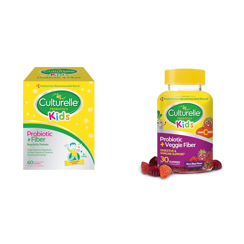 Culturelle Kids Probiotic + Fiber Packets (åldrar 3 +) - 60 greve & Daily Probiotic för barn + Veggie Fiber Gummies (åldrar 3 +) - 30 greve - Digestive Health & Immune Support Berry Flavor med en vitamin C