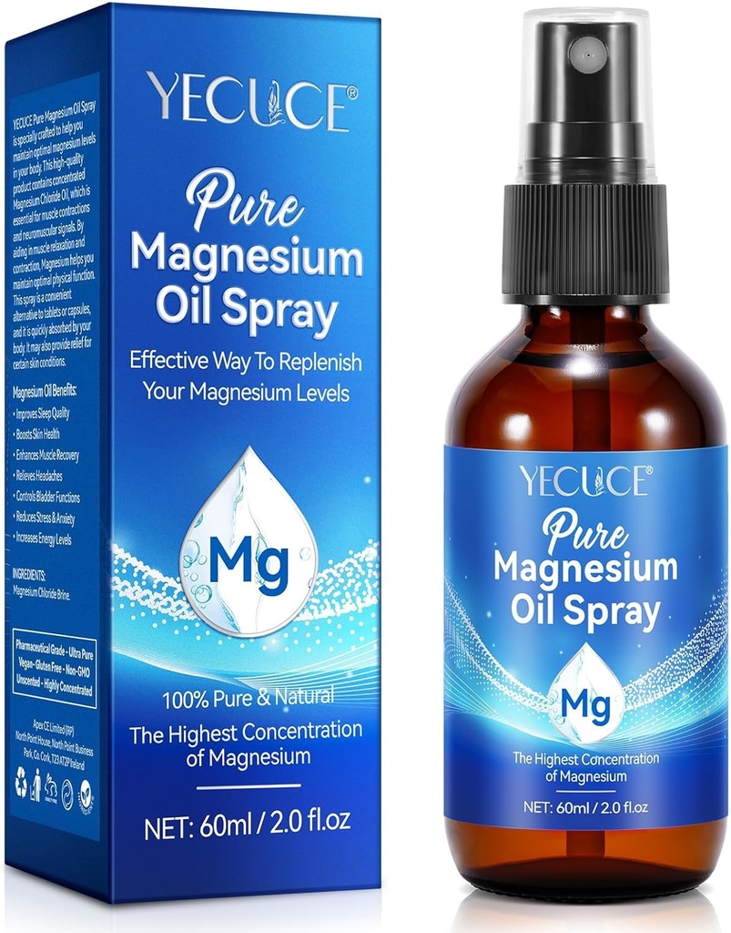 Magnesium Oil Spray, Magnesium Oil för fötter, Pure Magnesium Oil Spray 2 Fl.Oz, 100% Pure & Natural Magnesium Body Spray, Topical Magnesium Spray, Natural Deodorant, Lätt att Absorbera och Använda