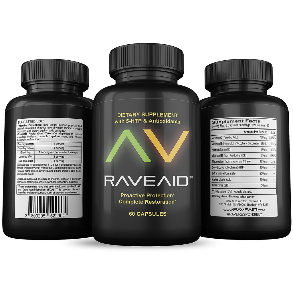 RaveAid Trusted Since 2011 - Prevent Comedowns, Reduce Jaw Clenching, Neurotoxicity Protection | Party & Rave Recovery Cure & Supplement (60 Capsules)