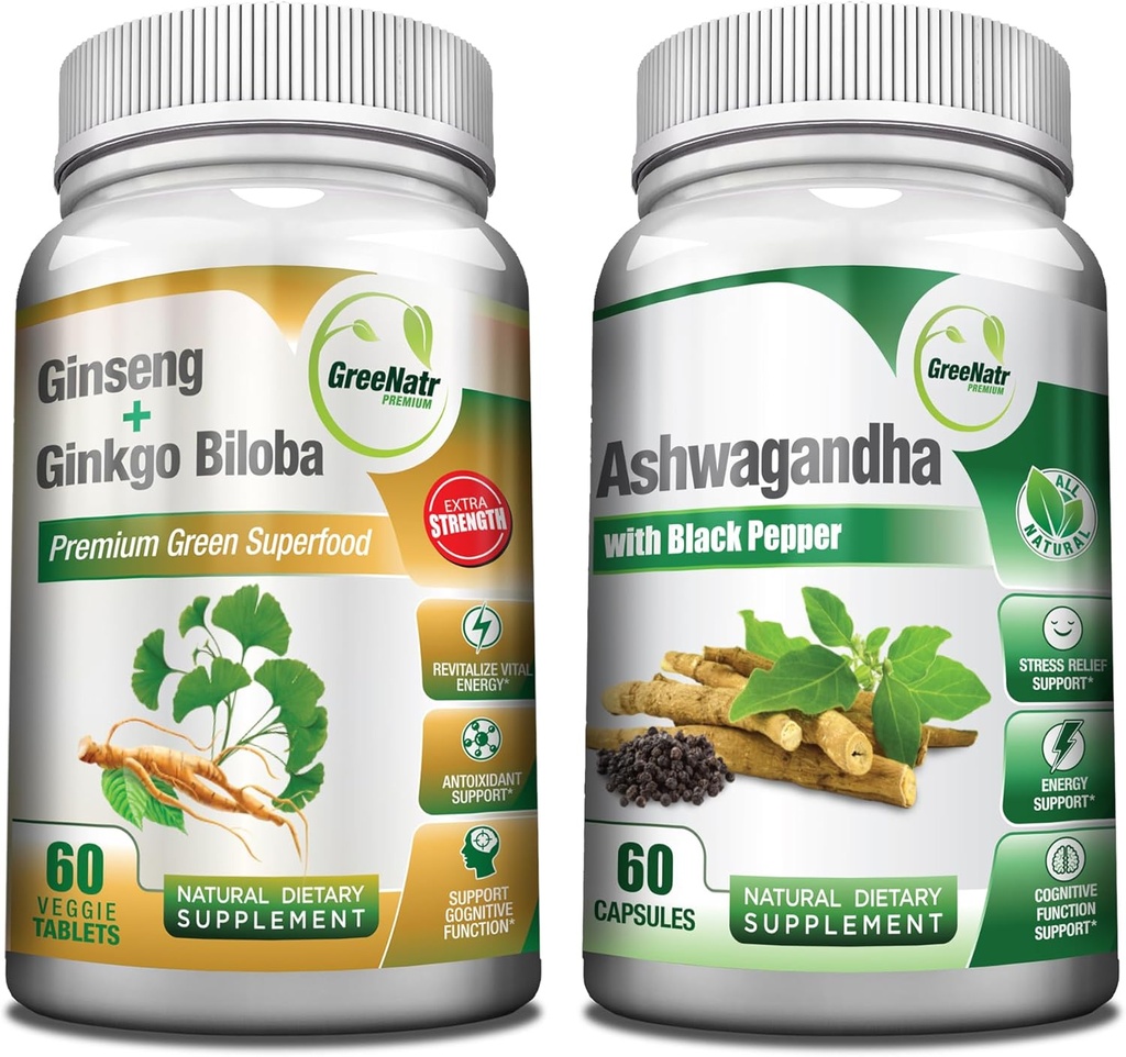 GreeNatr Premium Bundle för Holistic Well-Being: Organic Ashwagandha Capsules, med Black Pepper för Stress Relief, Plus Ginseng + Ginkgo Biloba tabletter, en traditionell energi Booster.