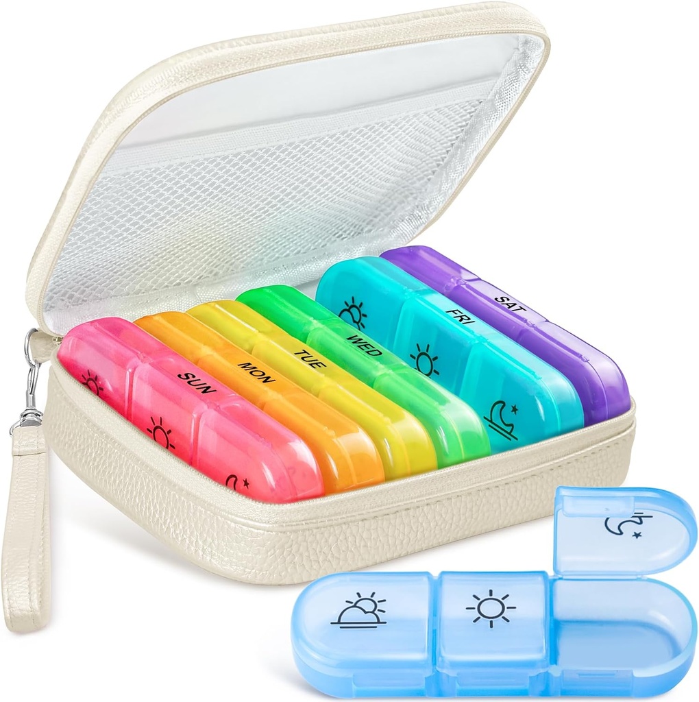 Söt Pill Organizer 3 gånger om dagen, Stor Daglig Pill Case för kvinnor, Portable Pill Box 7 Dag för handväska med väska och Zipper för att hålla vitaminer, mediciner, fiskoljor, kosttillskott (Beige)