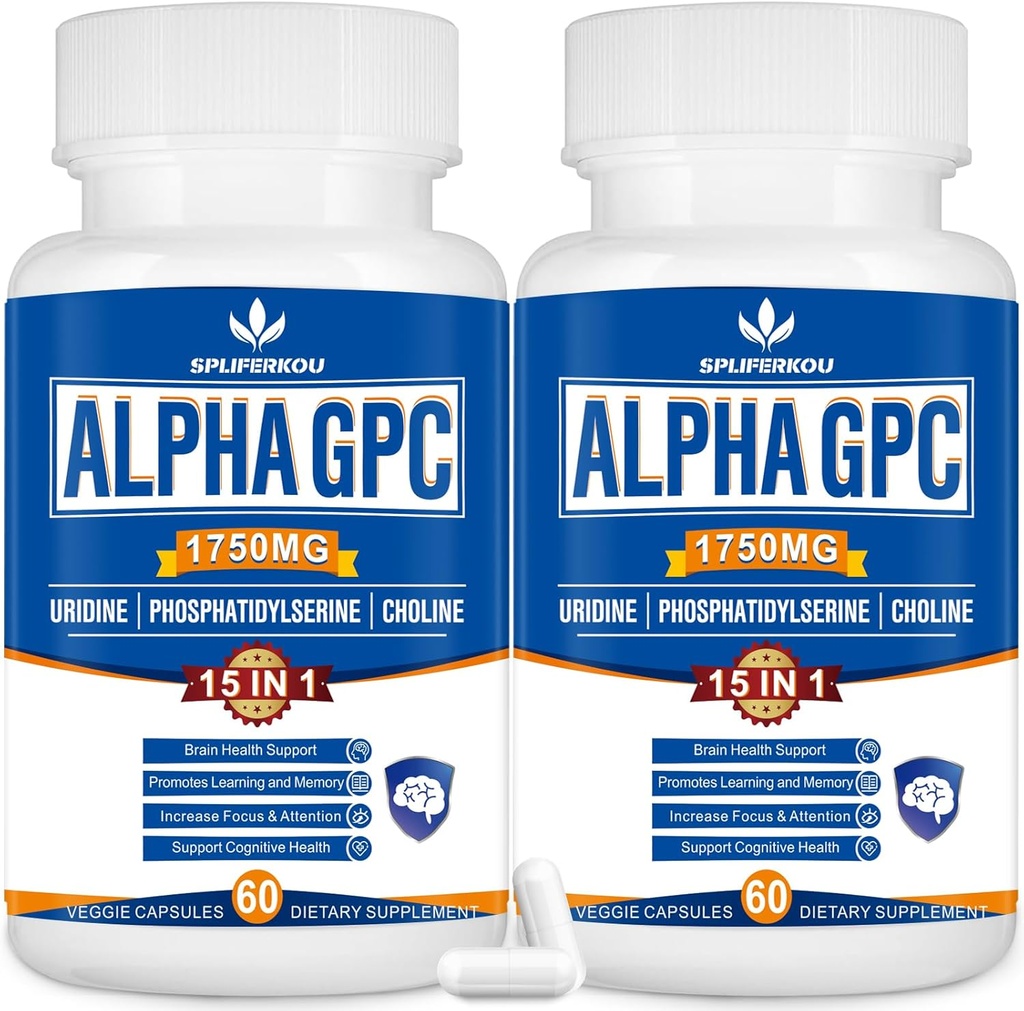 15-i-1 Alpha GPC Supplement med Phosphatidylserine, Uridine, L-Theanine, Lion's Mane Mushroom, 120 kapslar
