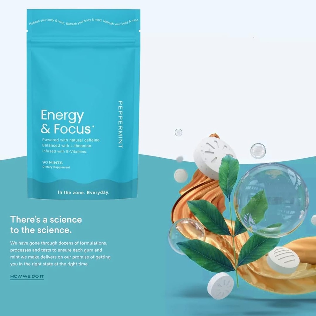 Energy Caffeine Mints (90), Sugar-Free, Vegan, Gluten-Free, Peppermint. Ökar fokus, uthållighet med L-Theanine, koffein, B12 & B6. Fast Acting, Pocket-Sized för snabb energi.