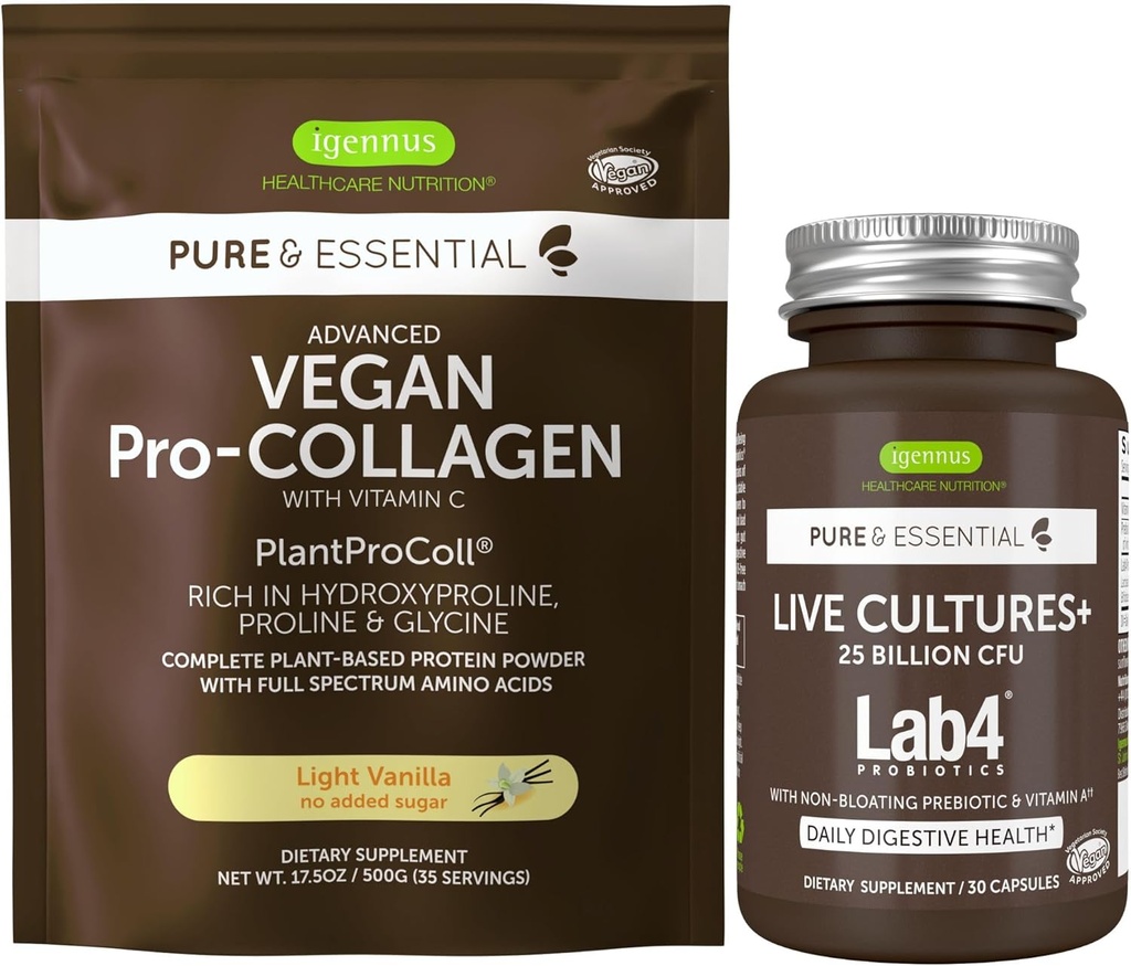 Levande kulturer+ Lab4 Probiotics + Vegan Vanilla Collagen Protein Powder Vegan Bundle, komplett Collagen Boosting Formel + 25 miljarder CFU Probiotic med icke-blåst prebiotikum, av Igennus