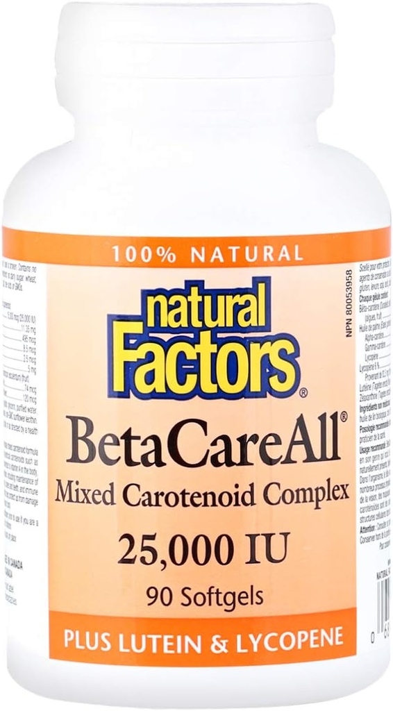 Naturliga faktorer, BetaCareAll 25 000 IE, vitamin A för hälsosam hud, vision och immunfunktion, 90 Softgels