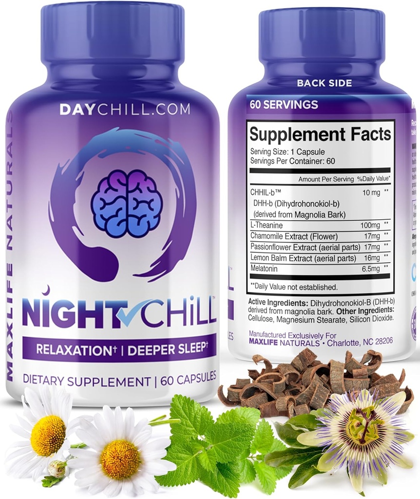 Night Chill Sleep Supplement - 60 kapslar - Restful Sleep Support med DHH-B från Magnolia Bark och L-Theanine Supplement - Stress Calm Mood Support - Sovande piller för vuxna av MaxLife Naturals