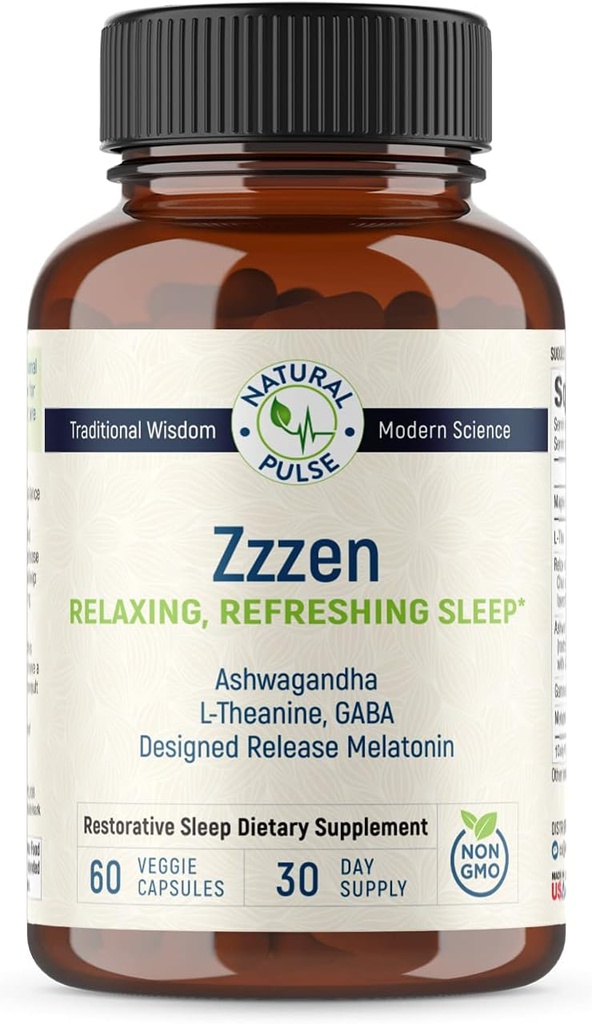 Zzzen, avkopplande uppfriskande sömn, lindrar stress och förbättrar humör, L-Theanine, Ashwagandha, GABA, Melatonin med botanisk blandning, NonGMO, Sleep Aid & Supplement för vuxna, 60 Caps