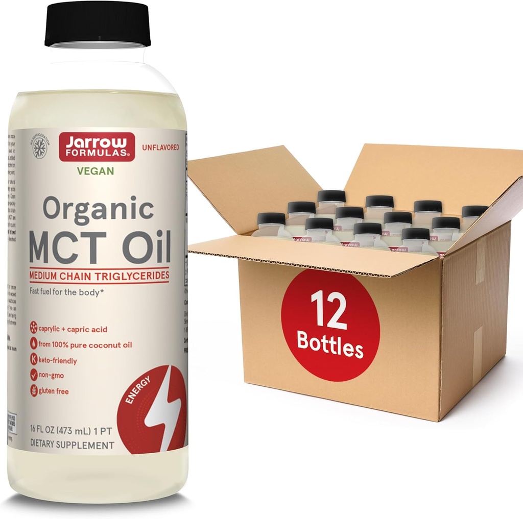 Jarrow Formulas Organic MCT Oil - 16 fl oz - Fast Fuel for Brain & Muscles - Caprylic (C8) + Capric Acid (C10) - Ketogen diet Friendly Supplement - Unflavored (Pack of 12)