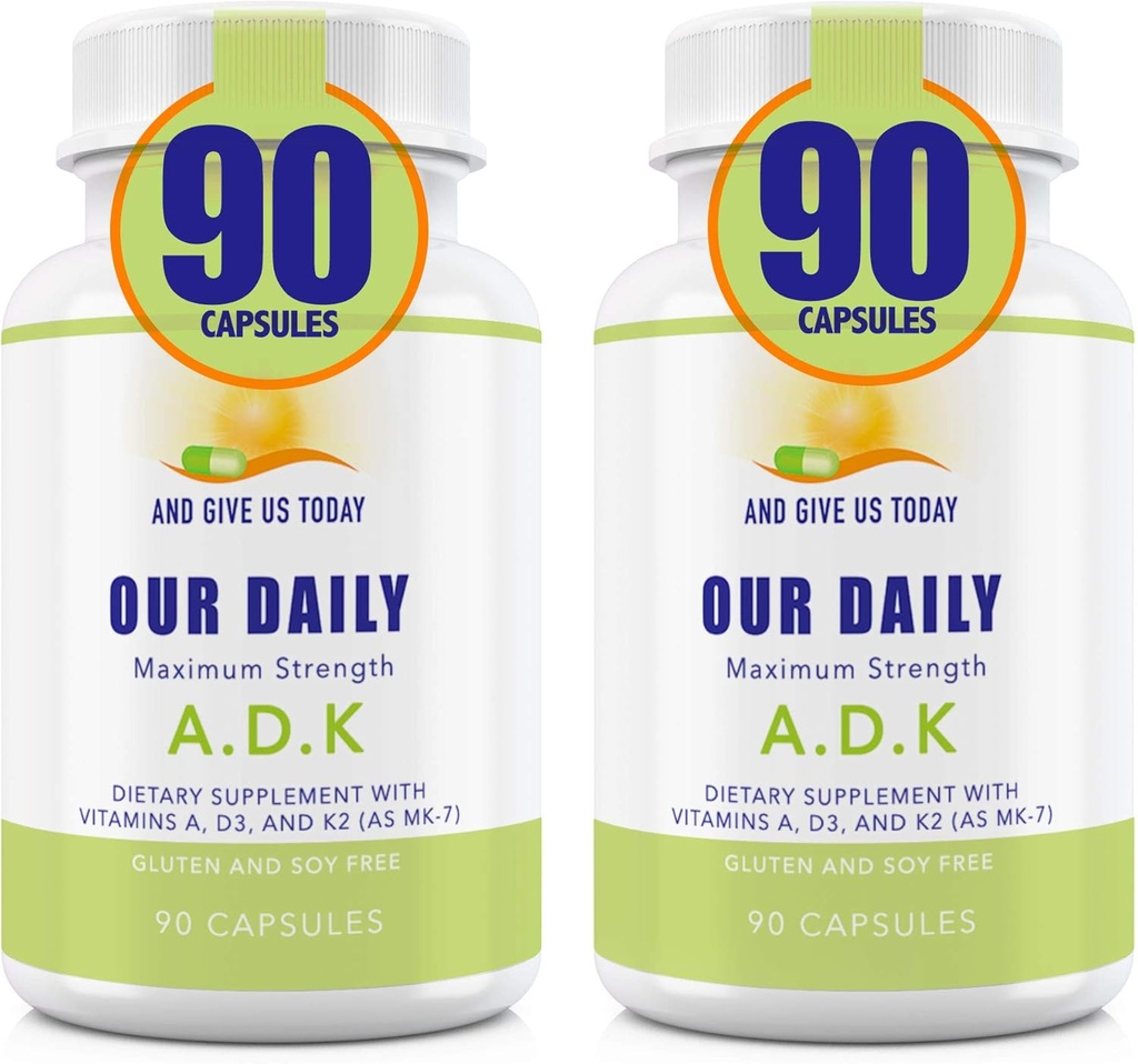 Vårt dagliga Vites ADK Supplement - Vitamin A, D3 & K2 (som MK7) - Ben, Immune System Support - Hög Potens Vitaminer med icke GMO Ingredienser - Gluten Free, Soy Free Vegetable Capsules 180 CT