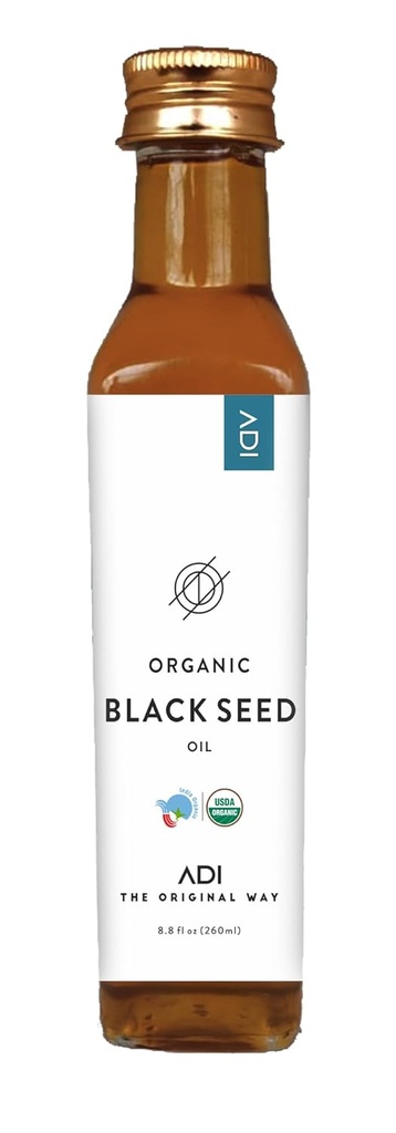ADI Natural Black Seed Oil 8.8 oz, 100% Pure Unrefined Cold Pressed Liquid Oil, Glass Bottle, USDA Certified, Nigella Sativa, Rich i Omega 3-6-9