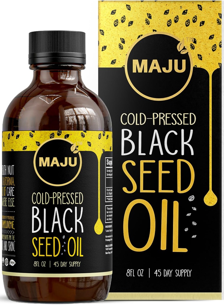MAJU Black Seed Oil - 3 gånger Thymoquinone, Cold-Pressed, 100% turkisk Black Cumin Seed Oil, Liquid Pure Blackseed Oil, Glass Bottle, 8 oz