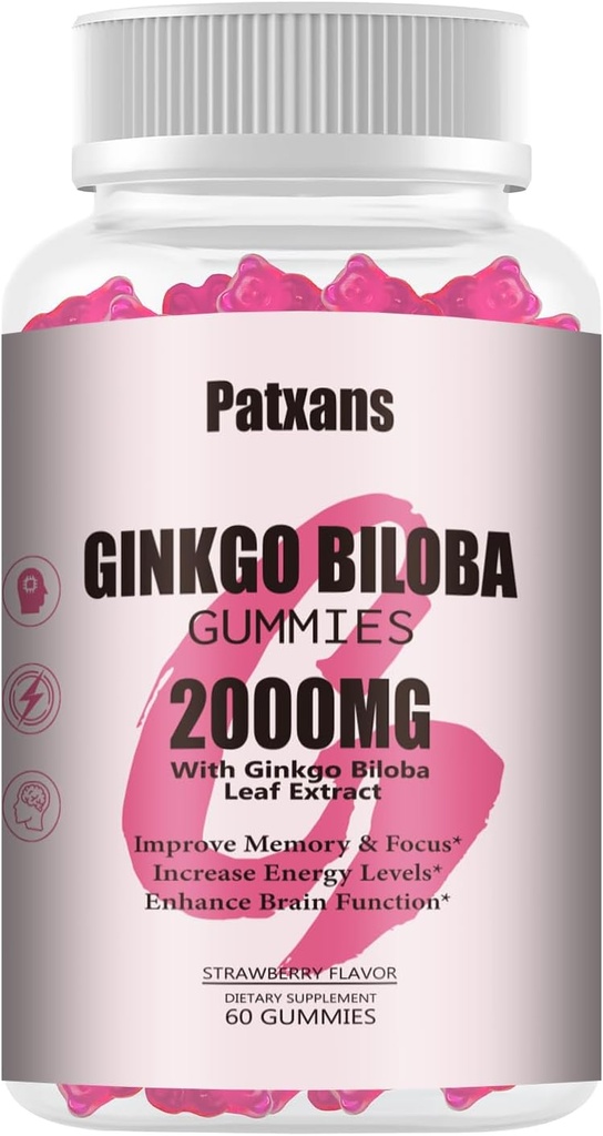 1 Pack 2000mg Ginkgo Biloba Gummies - Ginkgo Biloba Supplements for Brain Health Support, Förbättra humör och fokus, energi, vuxen, jordgubbsmak, 60 Count