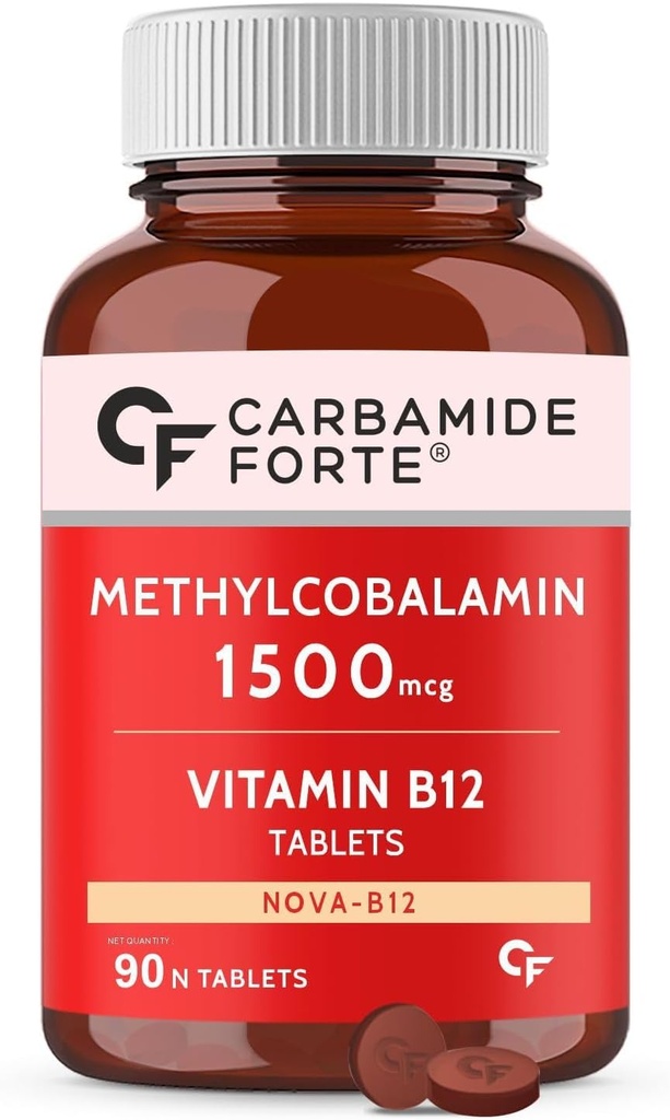 Generisk Carb-Amide Forte Vitamin B12 tabletter 1500mcg -Aktiv form av Methylcobalamin B12 Supplement för män och kvinnor - 90 Veg tabletter